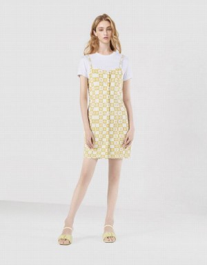 Urban Revivo 2 In 1 Checkered Floral Women's Denim Dress Yellow | LGHKWIJ-34