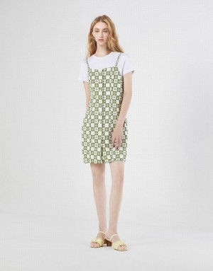 Urban Revivo 2 In 1 Checkered Floral Women's Denim Dress Green | ROQWJLP-85