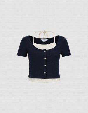 Urban Revivo 2 In 1 Halter Neck Knitted Women's T-Shirts Navy | FVJWINE-43