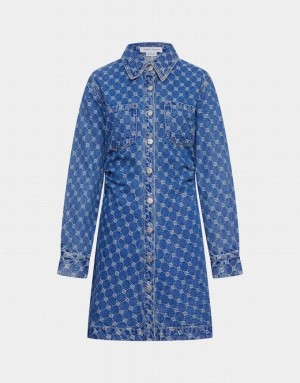 Urban Revivo Allover Jacquard Ruched Button Up Women's Denim Dress Blue | AHTEKUY-78