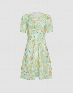 Urban Revivo Allover Print Twist Front Puff Sleeve Women's Casual Dress Green | EUCNAWJ-12