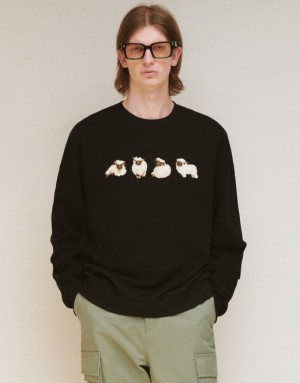 Urban Revivo Animals Printed Crew Neck Men's Sweatshirts Black | BVNHTGW-18