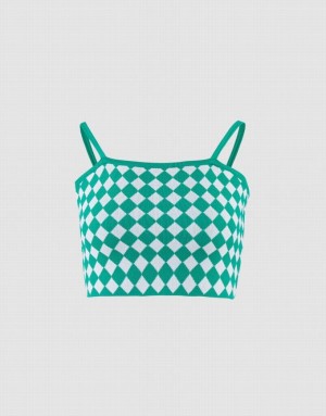 Urban Revivo Argyle Knitted Crop Women's Camisole Green | DQVTUFI-14