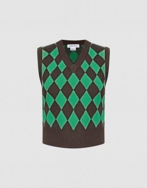 Urban Revivo Argyle Pattern Women's Sweater Vest Green / Brown | CEGKJAH-14