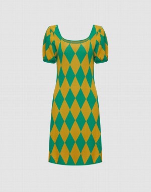 Urban Revivo Argyle Women's Knitted Dress Green | QVDCXNA-75