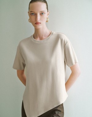 Urban Revivo Asymmetric Hem Crew Neck Knitted Women's T-Shirts Khaki | EJONMCH-35