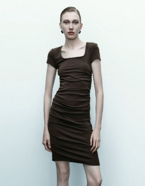 Urban Revivo Asymmetric Ruched Skinny Women's Dress Dark Brown | HTAQVGE-43