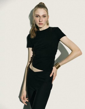 Urban Revivo Asymmetric Ruched Women's T-Shirts Black | BHWNSDX-52