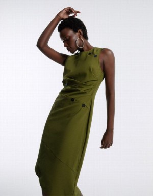 Urban Revivo Asymmetrical Buttoned Midi Women's Midi Dress Green | TNKPDUZ-90