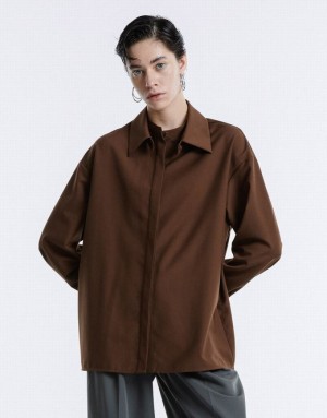 Urban Revivo Basic Button Up Women's Shirts Brown | RSDLVQP-39