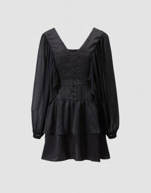 Urban Revivo Batwing Button Front Tiered Ruffle Hem Women's Casual Dress Black | HKZPTYX-34