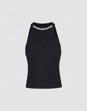 Urban Revivo Beaded Detail Ribbed Knit Women's Tank Top Black | ONLEDQX-10