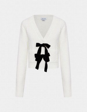 Urban Revivo Bow Tie Decor V-Neck Knitted Women's Cardigan White | KQGUCBI-86