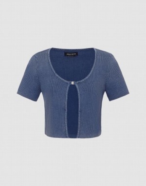 Urban Revivo Buckled Knitted Women's Cardigan Blue | LFJTUXP-57