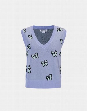 Urban Revivo Butterfly Jacquard V Neck Women's Sweater Vest Blue | BRFYWSE-93