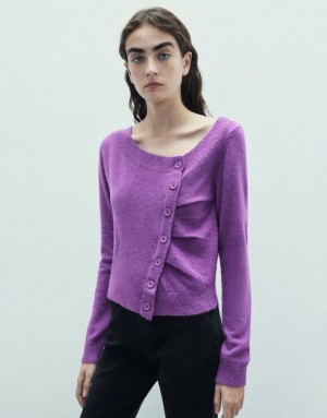 Urban Revivo Button Decor V-Neck Knitted Women's Cardigan Purple | UDAFHLT-71