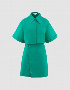 Urban Revivo Button Down A-Line Collar Women's Shirt Dress Green | XGMHLPN-01