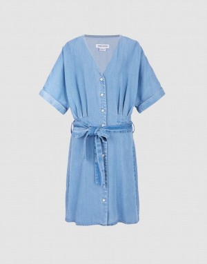 Urban Revivo Button Front Belted Women's Denim Dress Blue | UCSTDWI-20