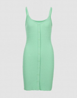 Urban Revivo Button Front Ribbed Cami Women's Knitted Dress Green | NQLMJYS-65