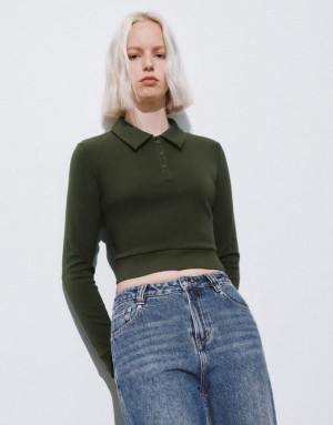 Urban Revivo Button Half Placket Cropped Knitted Women's T-Shirts Green | FBTHGML-65