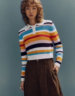 Urban Revivo Button Half Placket Striped Knitted Women's Cardigan Multicolor | EZDKVJU-61