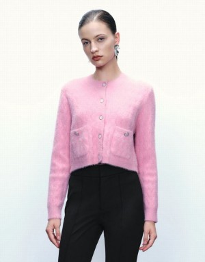 Urban Revivo Button Up Crew Neck Knitted Women's Cardigan Pink | EBUPTXF-83