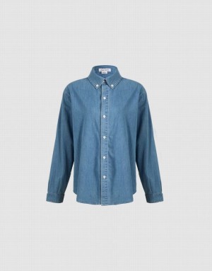 Urban Revivo Button Up Denim Women's Shirts Blue | DBJUNYH-25