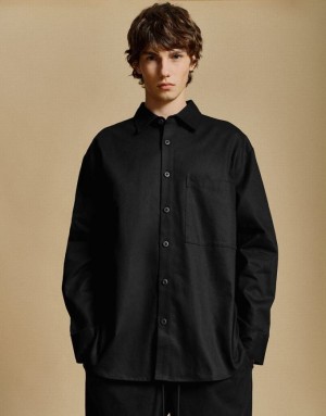 Urban Revivo Button Up Loose Men's Shirts Black | JMEWSFC-49