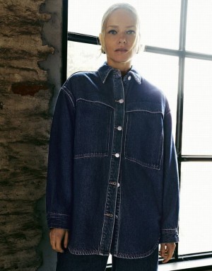 Urban Revivo Button Up Oversized Denim Women's Shirts Blue | CNFHSDT-91