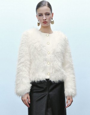 Urban Revivo Button Up Straight Furry Women's Coats White | IBNTMPA-38