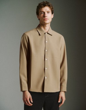 Urban Revivo Button Up Straight Men's Jacket Khaki | ZCBYNIM-68