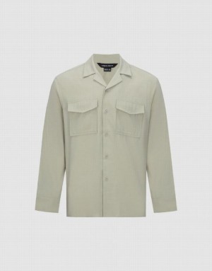 Urban Revivo Button Up Straight Men's Shirts Khaki | NWLJZUT-20