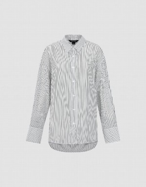 Urban Revivo Button Up Striped Straight Women's Shirts White | KXSLMEY-97