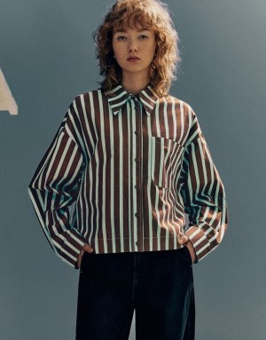 Urban Revivo Button Up Women's Shirts Stripes | DIPOFLT-74