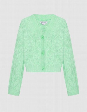 Urban Revivo Cable Knit V Neck Button Up Women's Cardigan Green | QRDNPSC-61