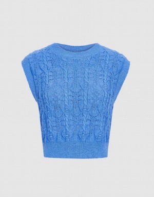 Urban Revivo Cable Knit Women's Tank Top Blue | WBUTGHE-31