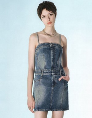 Urban Revivo Cami Women's Denim Dress Blue | PHQCAYF-08