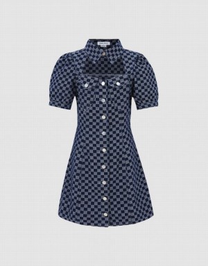 Urban Revivo Checkered Cut Out Front Women's Denim Dress Blue | FMVIXKN-76