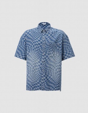 Urban Revivo Checkered Denim Men's Shirts Blue | TVOMDNA-92