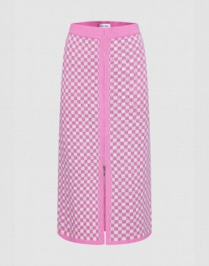 Urban Revivo Checkered Midi Straight Knitted Women's Skirts Pink | MXNJOWS-97