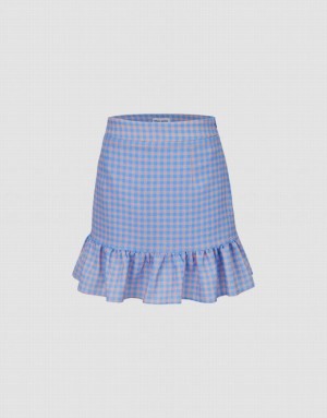 Urban Revivo Checkered Mini A-Line Women's Skirts Blue | TLHXFVG-64