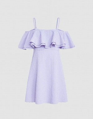 Urban Revivo Checkered Ruffle Cami Women's Dress Purple | IPNBWUL-13