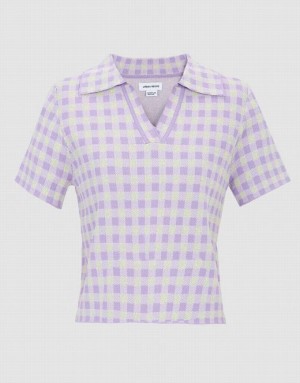 Urban Revivo Checkered Short Sleeve Knitted Top Women's Cardigan Purple | ZMDXJEU-42