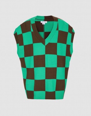 Urban Revivo Checkered Women's Sweater Vest Green / Brown | ILRUTQK-43