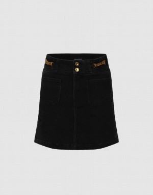 Urban Revivo Chian Decor Mini A-Line Women's Denim Skirt Black | ALEYIFT-71