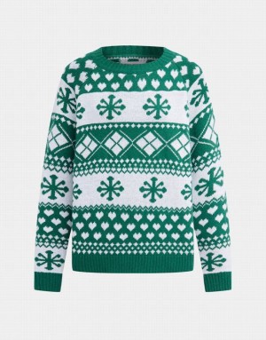 Urban Revivo Christmas Snowflake Crew Neck Holiday Women's Sweaters Green | MBXVCUO-76