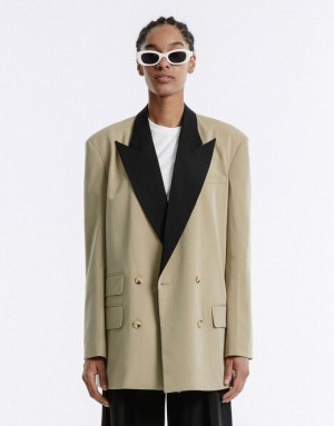 Urban Revivo Contrast Color Women's Blazers Khaki | KVLRBAQ-53