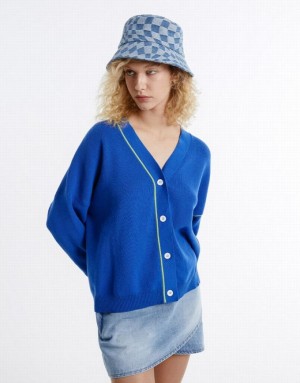 Urban Revivo Contrast Stitch Women's Cardigan Blue | WXCHGIZ-47