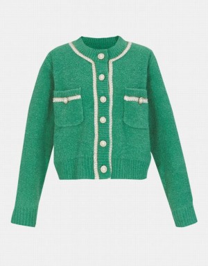 Urban Revivo Contrast Trim Faux Pearl Button Women's Cardigan Green | ZGJTSME-86