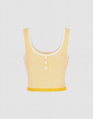 Urban Revivo Contrast Trim Half Button Knitted Women's Tank Top Yellow | QELXUWS-56